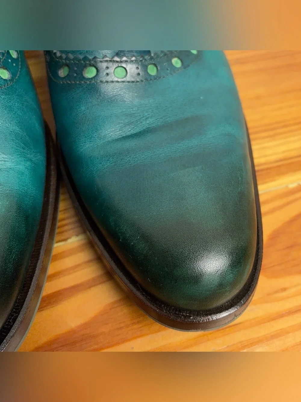 John Fluevog Granville Shoes Men's 8 Turquoise Leather Oxford Brogue Plain Toe - Picture 12 of 16